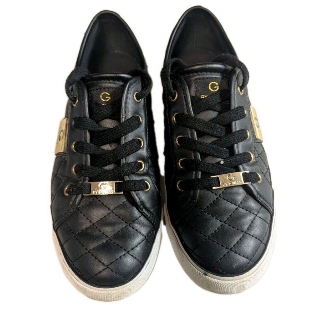 G by GUESS Backer Black Quilted Sneakers Gold Hardware Faux Leather Low Top 7M